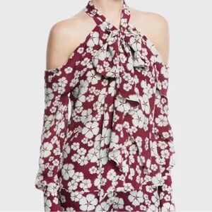 Alexis Paloma Silk Tie Neck Cold Shoulder Blouse Floral size medium